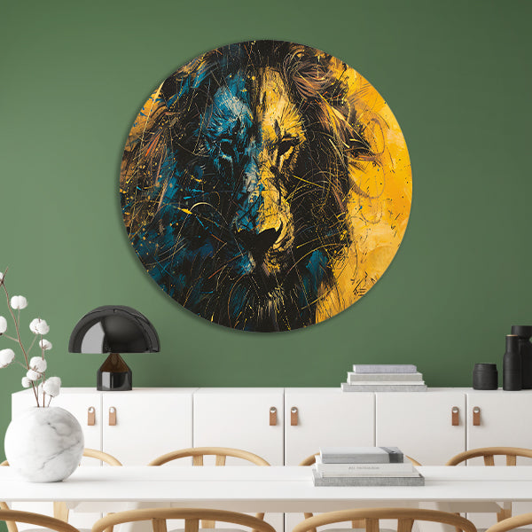 Dynamisch abstract schilderij van een leeuw aluminium muurcirkel