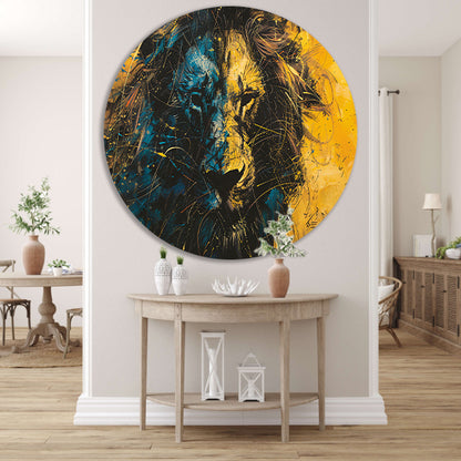 Dynamisch abstract schilderij van een leeuw aluminium muurcirkel