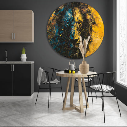 Dynamisch abstract schilderij van een leeuw aluminium muurcirkel