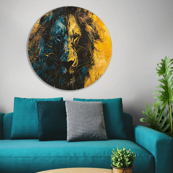 Dynamisch abstract schilderij van een leeuw aluminium muurcirkel