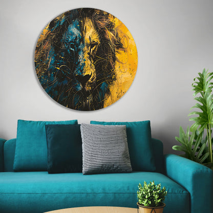 Dynamisch abstract schilderij van een leeuw aluminium muurcirkel