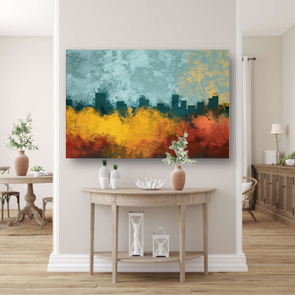 Kleurrijke abstracte skyline met natuur poster