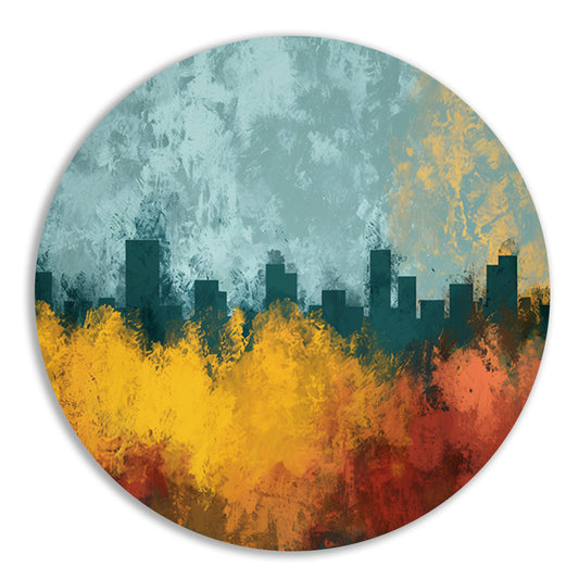 Kleurrijke abstracte skyline met natuur aluminium muurcirkel