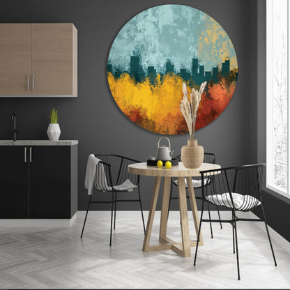 Kleurrijke abstracte skyline met natuur aluminium muurcirkel