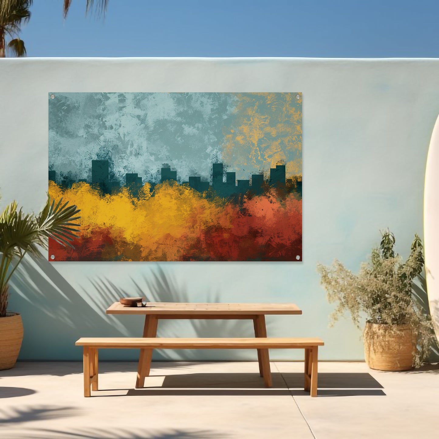 Kleurrijke abstracte skyline met natuur tuinposter