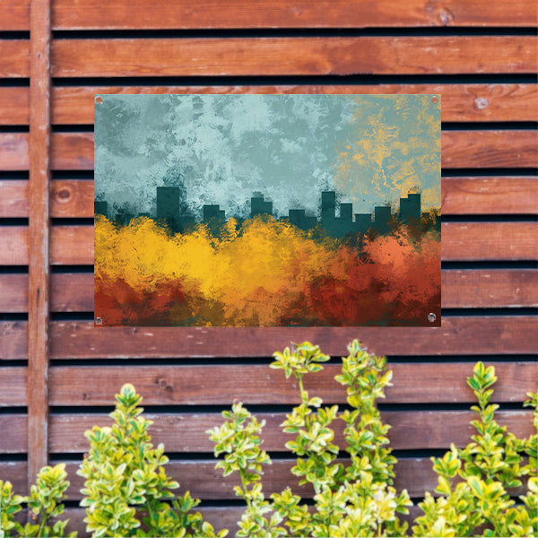 Kleurrijke abstracte skyline met natuur tuinposter