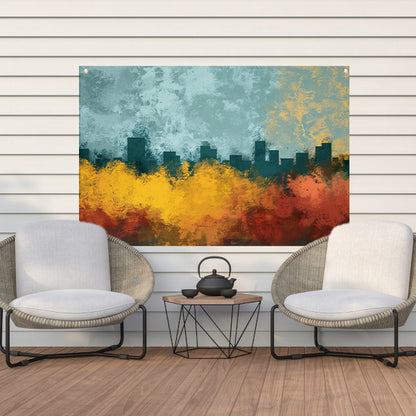 Kleurrijke abstracte skyline met natuur tuinposter