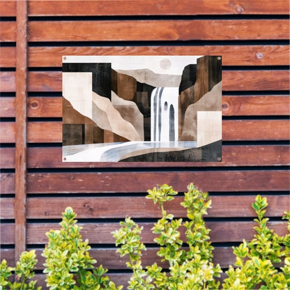 Minimalistische waterval in monochrome aardetinten tuinposter