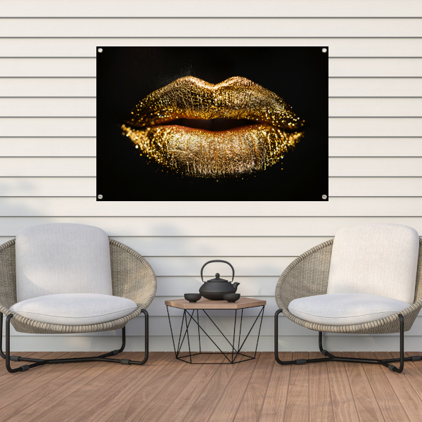 Dramatische Gouden Glitter Lippen Close-up tuinposter