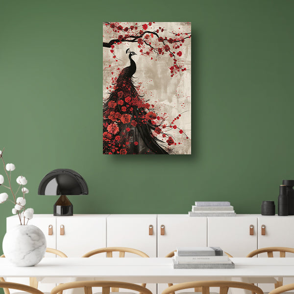 Elegante pauw met rode bloemen acrylglas