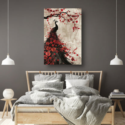 Elegante pauw met rode bloemen acrylglas