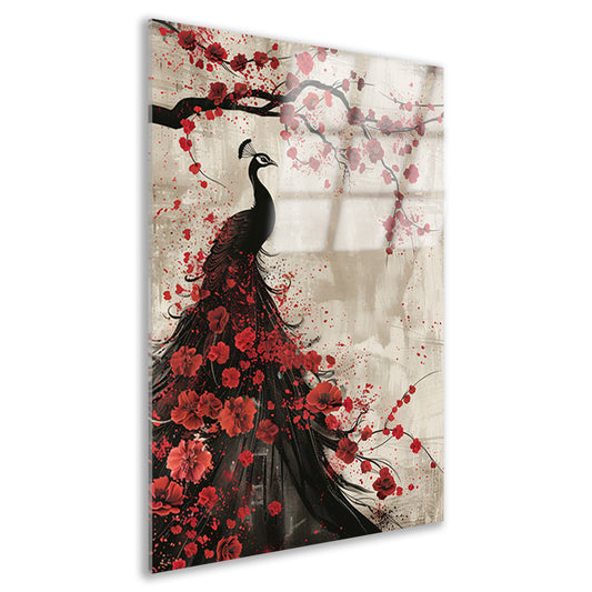 Elegante pauw met rode bloemen acrylglas