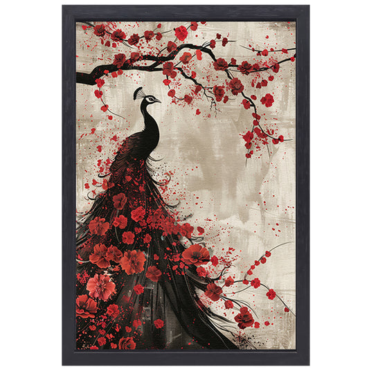 Elegante pauw met rode bloemen canvas met baklijst