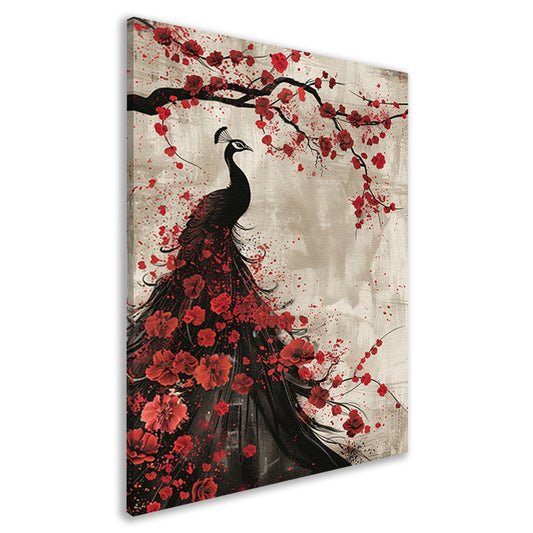 Elegante pauw met rode bloemen canvas