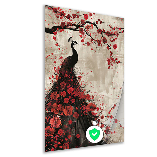 Elegante pauw met rode bloemen poster