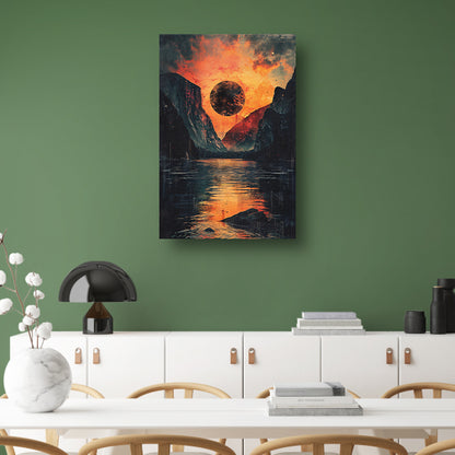 Planeet boven berglandschap bij zonsondergang poster