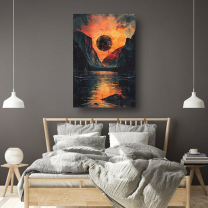 Planeet boven berglandschap bij zonsondergang poster
