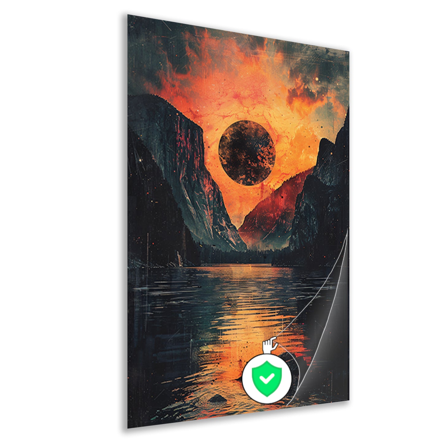 Planeet boven berglandschap bij zonsondergang poster