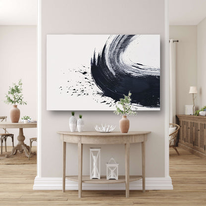 Zwarte Borstelstreek met Spetters op Wit canvas