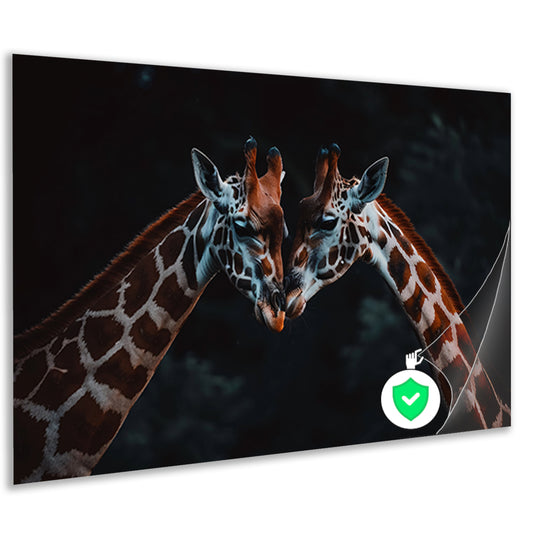 Twee giraffen in een intiem moment poster