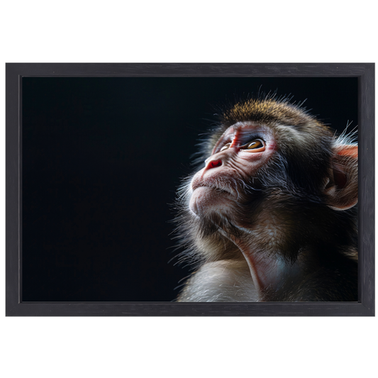 Reflecterende aap in donkere achtergrond canvas met baklijst