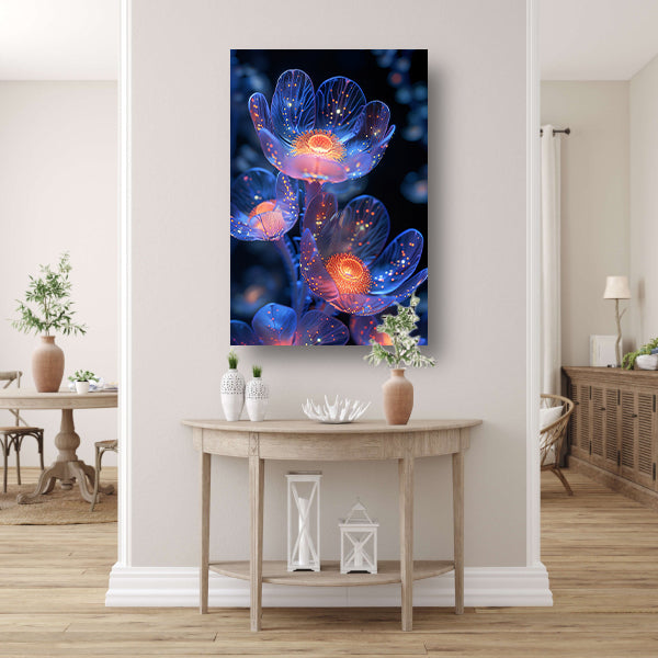 Bioluminescente Bloemen in Digitale Kunst canvas met baklijst
