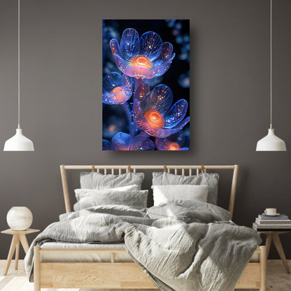 Bioluminescente Bloemen in Digitale Kunst canvas met baklijst