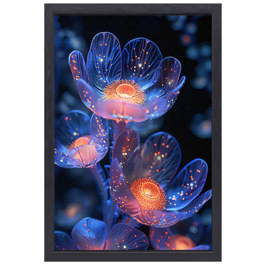 Bioluminescente Bloemen in Digitale Kunst canvas met baklijst