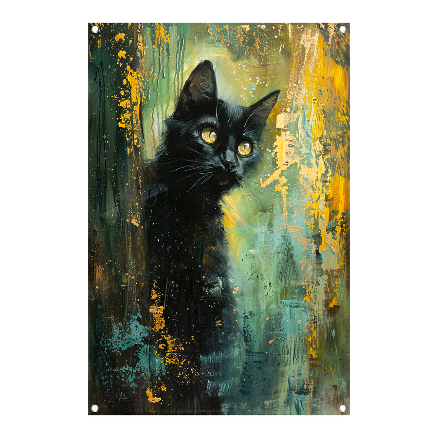 Elegante zwarte kat met dynamische achtergrond tuinposter