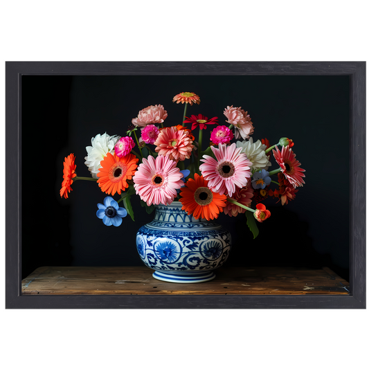 Uitgebreide collectie bloemen in een decoratieve vaas canvas met baklijst