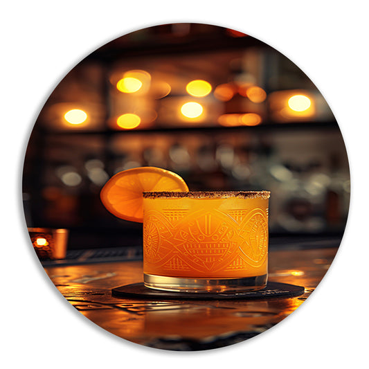 Gouden cocktail met citroenschijfje aluminium muurcirkel