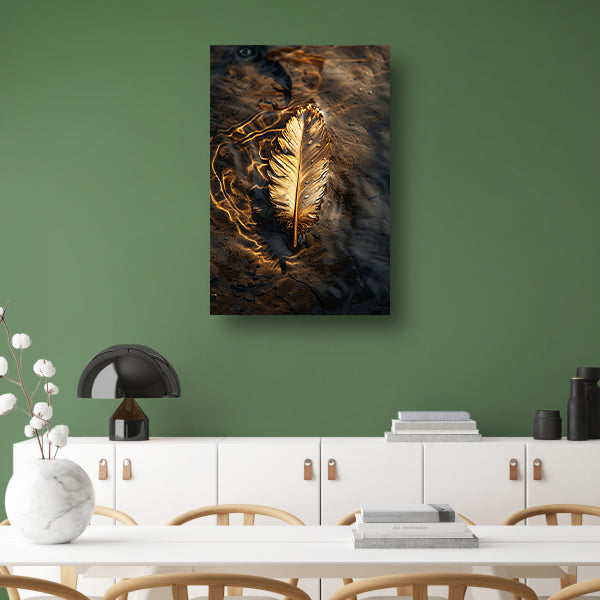 Gouden veer drijvend op donker water poster