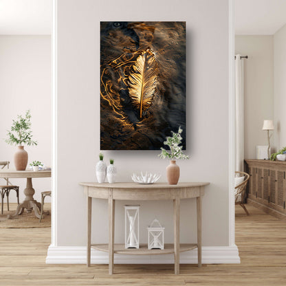 Gouden veer drijvend op donker water poster