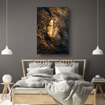 Gouden veer drijvend op donker water poster