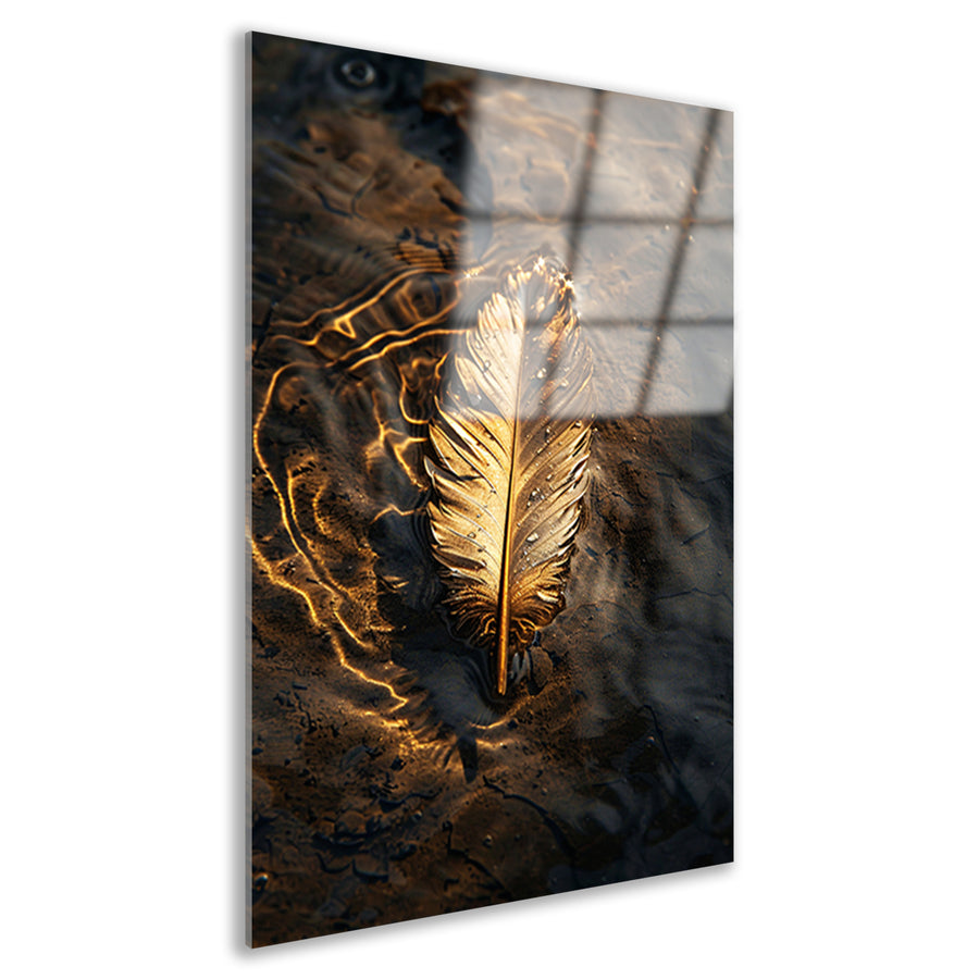 Gouden veer drijvend op donker water acrylglas