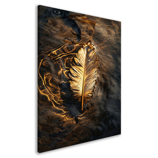 Gouden veer drijvend op donker water canvas