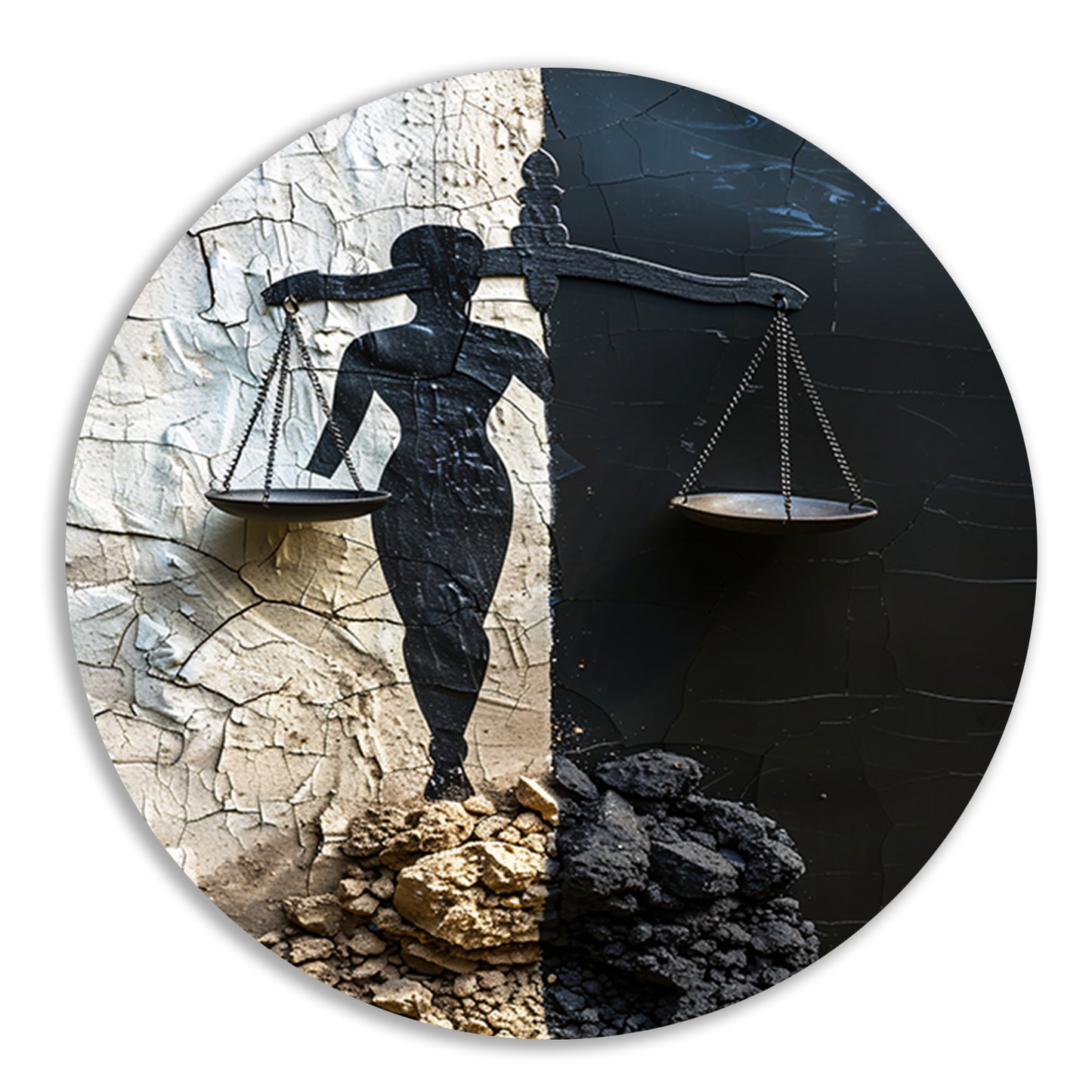 Abstract Justitia tussen Vervallen Muren aluminium muurcirkel