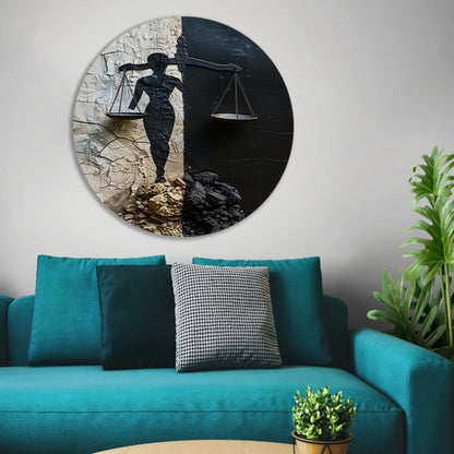 Abstract Justitia tussen Vervallen Muren aluminium muurcirkel