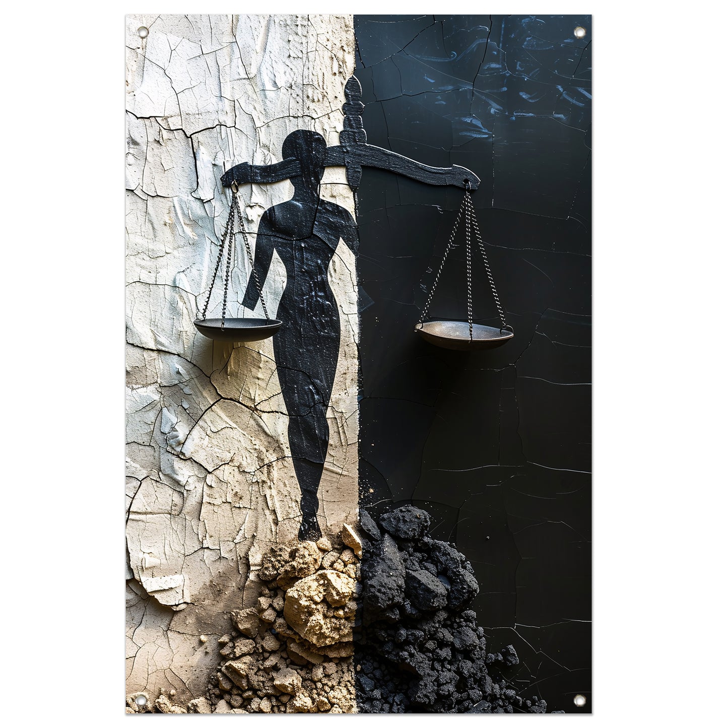 Abstract Justitia tussen Vervallen Muren tuinposter