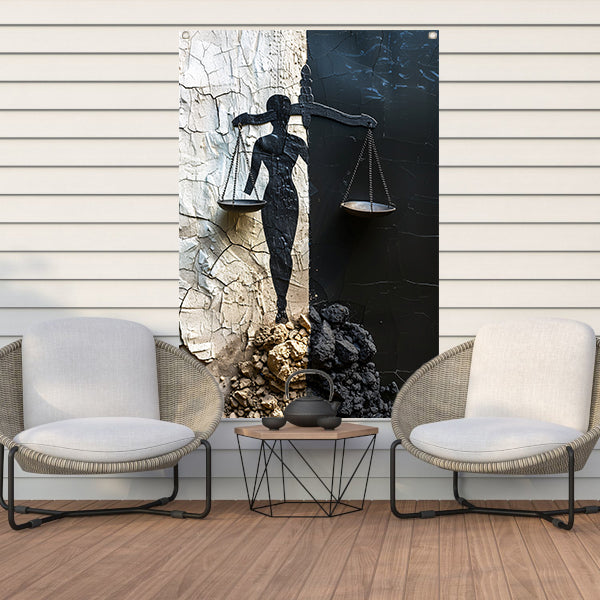 Abstract Justitia tussen Vervallen Muren tuinposter