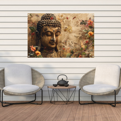Boeddha in Sereniteit met Bloemenpracht tuinposter
