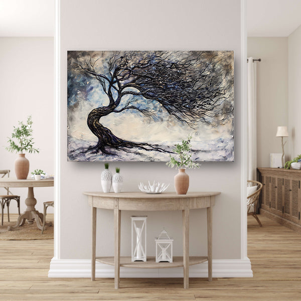 Dynamische abstracte winterboom met sneeuw poster