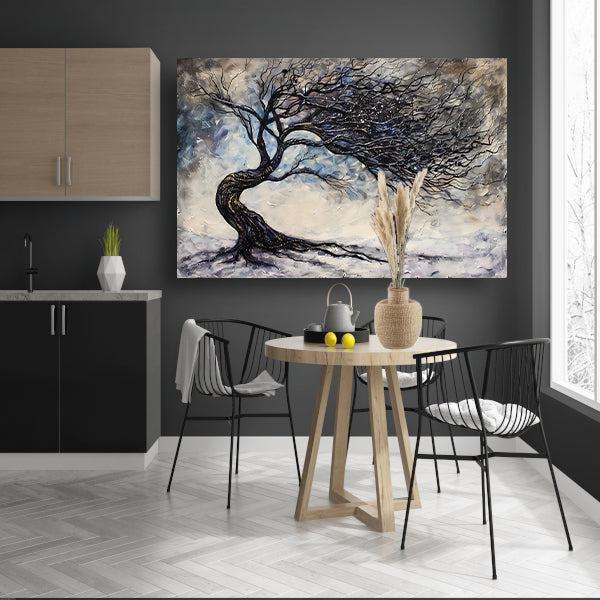Dynamische abstracte winterboom met sneeuw poster