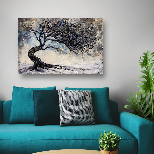Dynamische abstracte winterboom met sneeuw poster