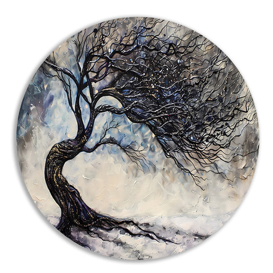 Dynamische abstracte winterboom met sneeuw aluminium muurcirkel