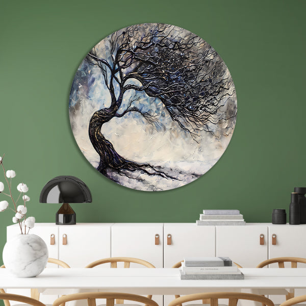 Dynamische abstracte winterboom met sneeuw aluminium muurcirkel
