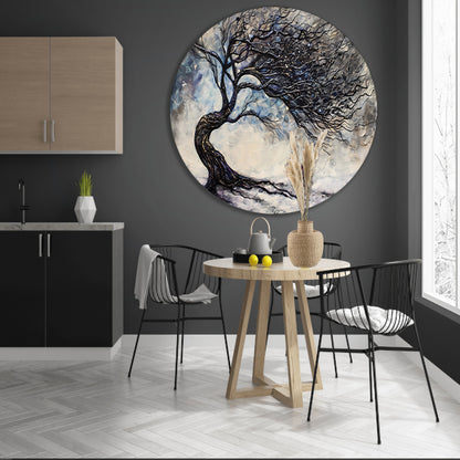 Dynamische abstracte winterboom met sneeuw aluminium muurcirkel