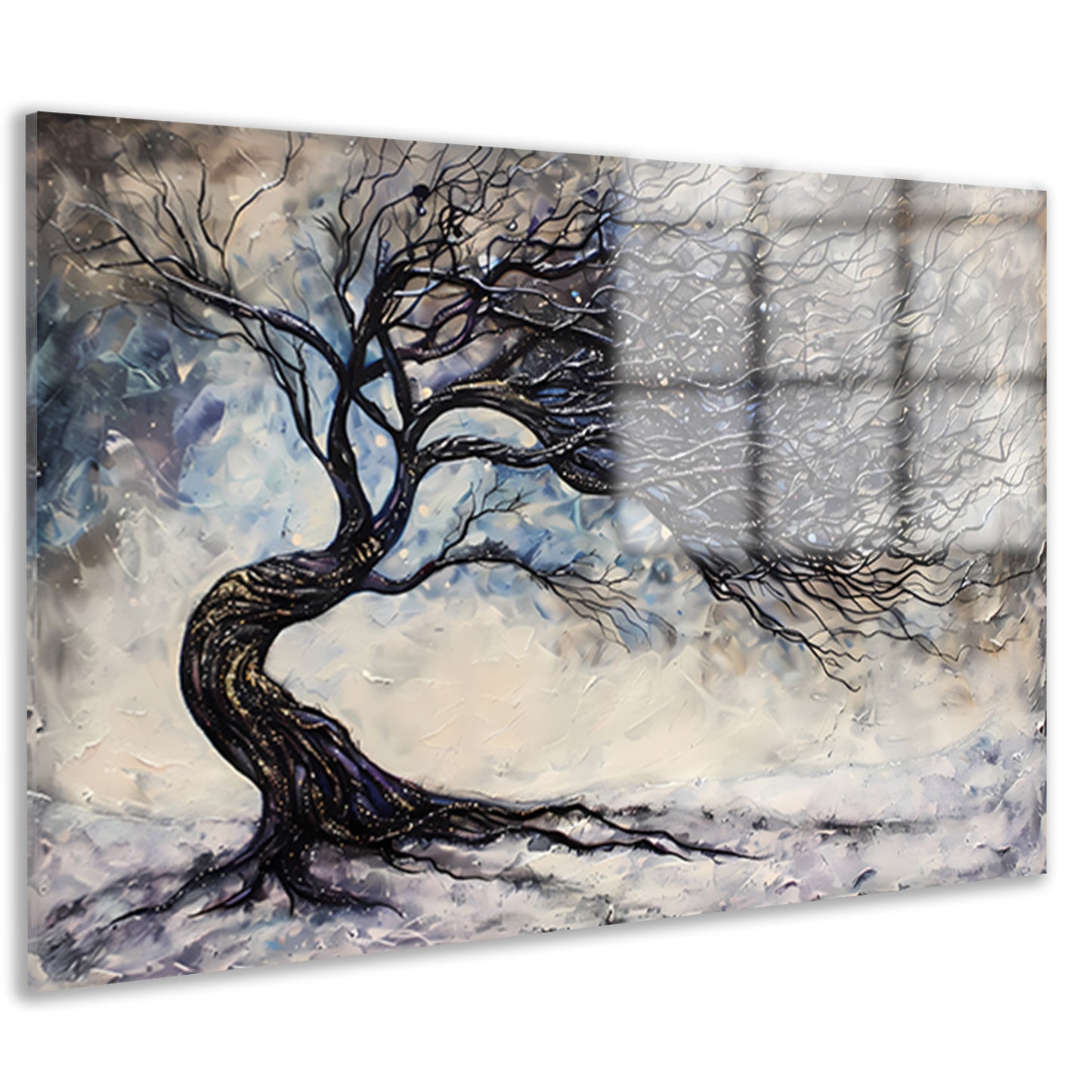 Dynamische abstracte winterboom met sneeuw acrylglas