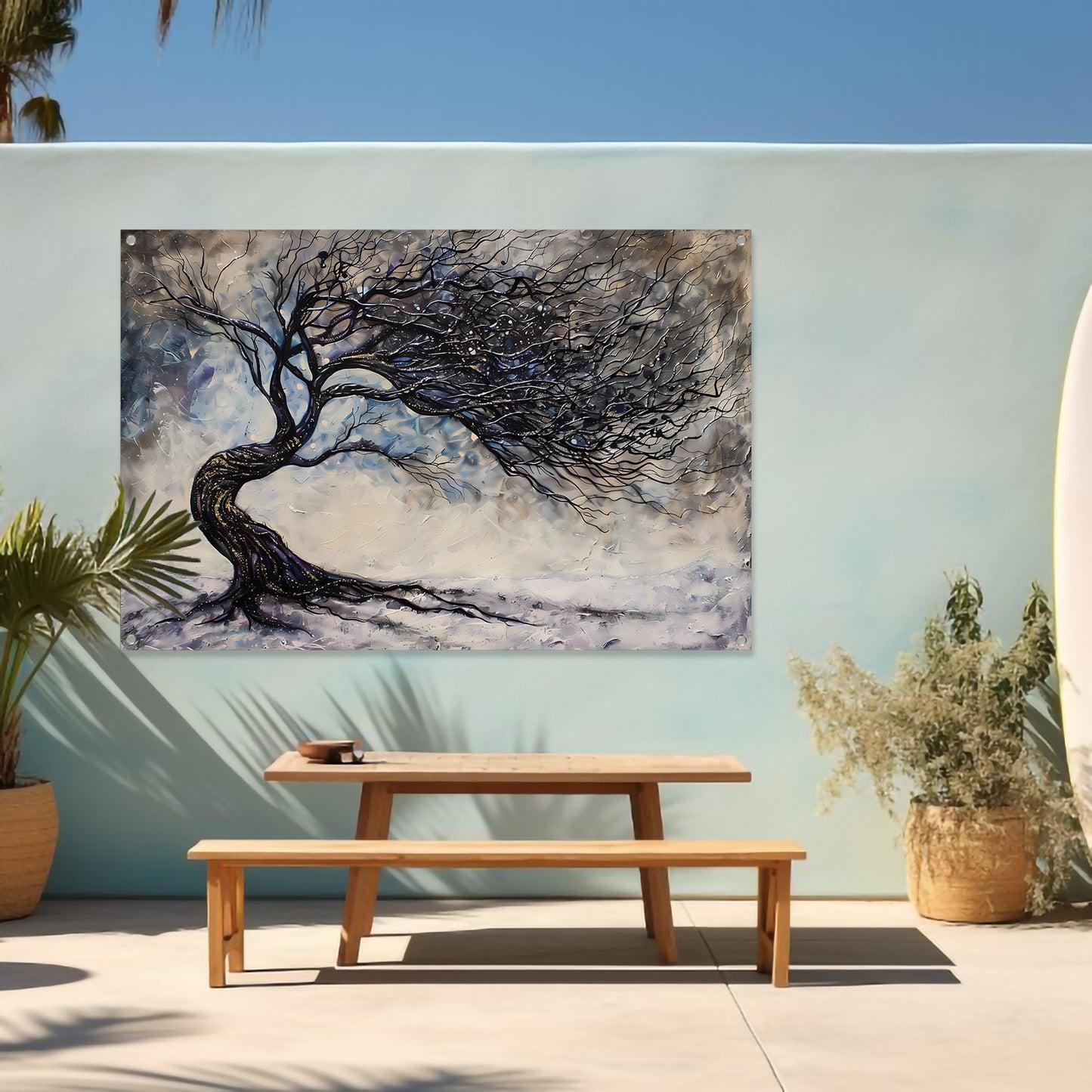 Dynamische abstracte winterboom met sneeuw tuinposter