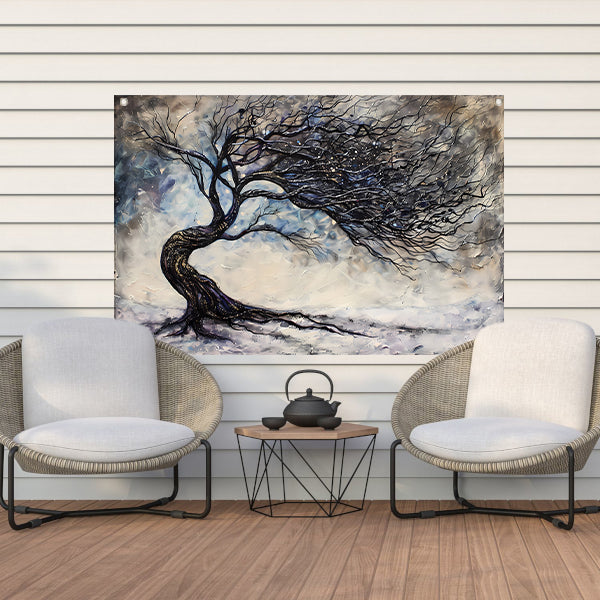 Dynamische abstracte winterboom met sneeuw tuinposter